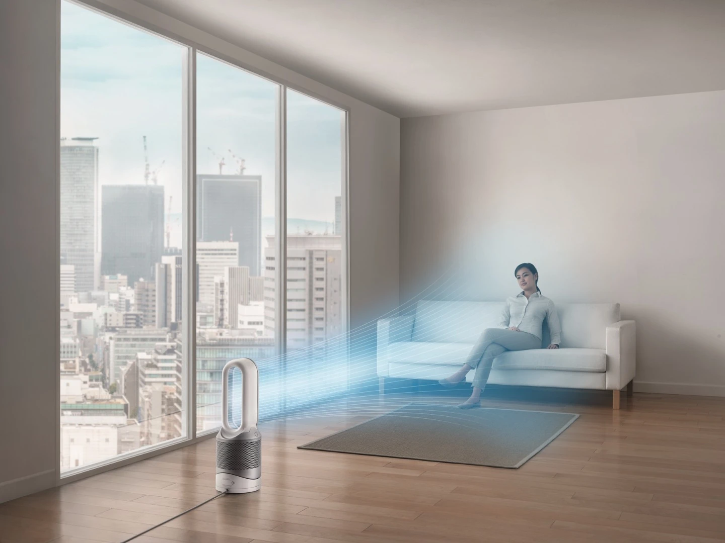 The purified air is conditioned to the target temperature and streamed out into a room