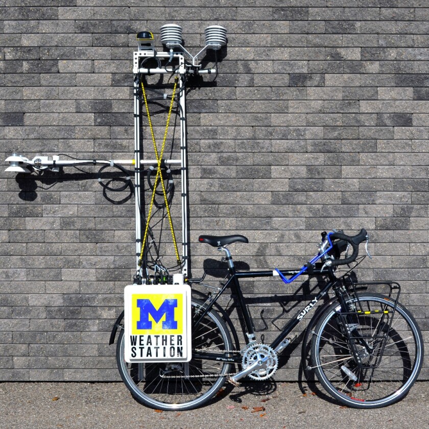 Over 50 lb (23 kg) of gear was added to an existing touring bike, which Prof. Rajkovisch rode throughout the city over the course of a summer