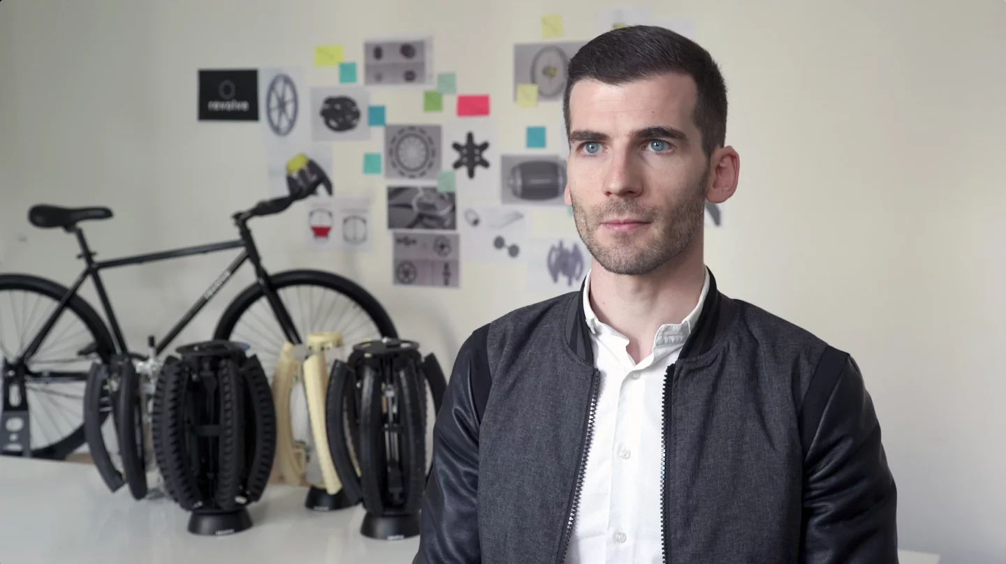 Andrea Mocellin and some of the prototype wheels created during the development of the Evolve wheel