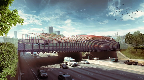 Design B, called sin(uosity), for the 10th Street Bridge features curved steel ribs