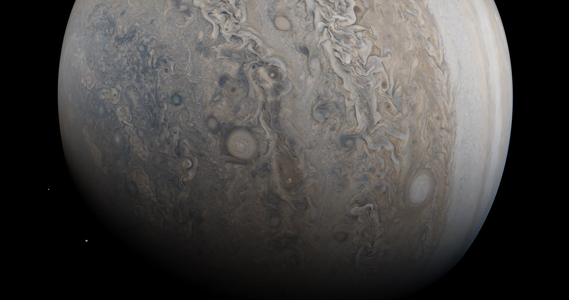 JunoCam image taken from an altitude of 33,000 km over Jupiter's cloudtops. In this scene, the South Temperate Belt, South Temperate Zone, South South Temperate Belt, and Polar Hood of Jupiter are visible