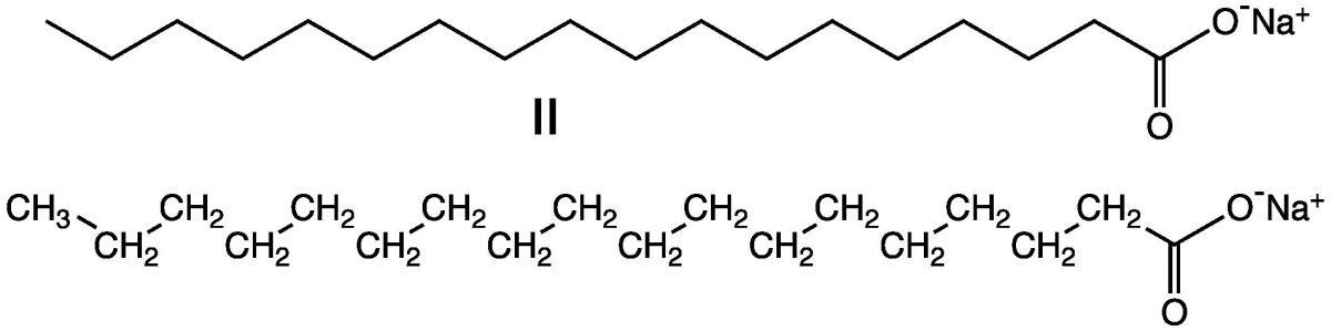 Chemical structure of soap - the left end has the structure of an oil, while the right end has a structure that is attracted to water (Image: Smokefoot)