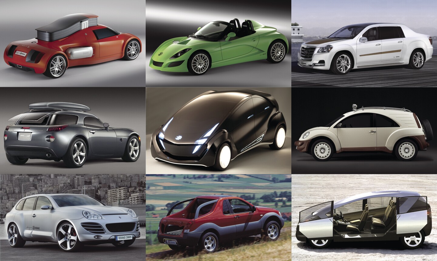 ROW-BY-ROW, RIGHT-TO-LEFT: Some of EDAG's previous showcars include the genX for those who prefer to be of no-fixed-address, the Show Car No. 8 from 2005, the marine concept LUV luxury SUV, a removable hardtop for the Pontiac Solstice which turned it into a Shooting Brake, the 2009 open-source Light Car, the BIWAK Volkswagen Beetle Estate Car of 2006, the Porsche-based Chopster, the EDAG Scout of 1999, and the Cinema 7D "cinema on wheels" from 2005.