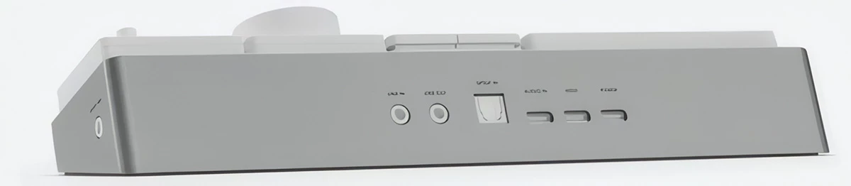 The desktop hub includes a bunch of ports to plug in your audio gear and other peripherals (Image upscaled using machine learning)