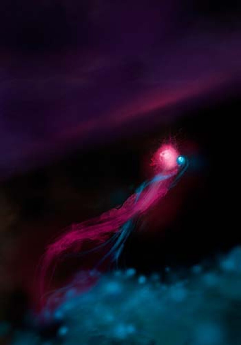 An artist's impression of the system in action, where a tunnelling electron is capturing a photon from a quantum device, to cool the system down