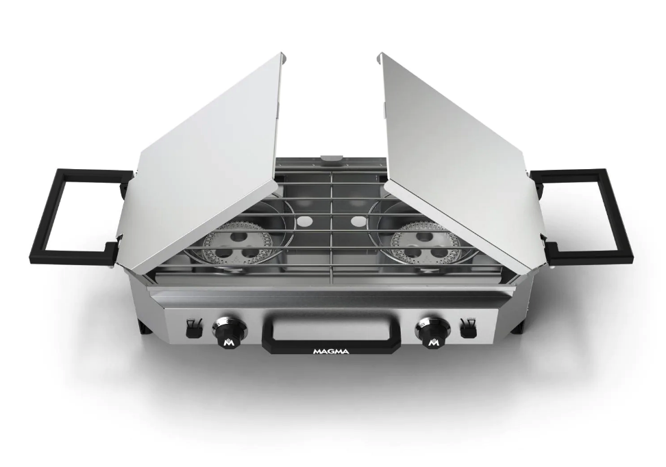 The Firebox lid flips out to become side shelves/worktops