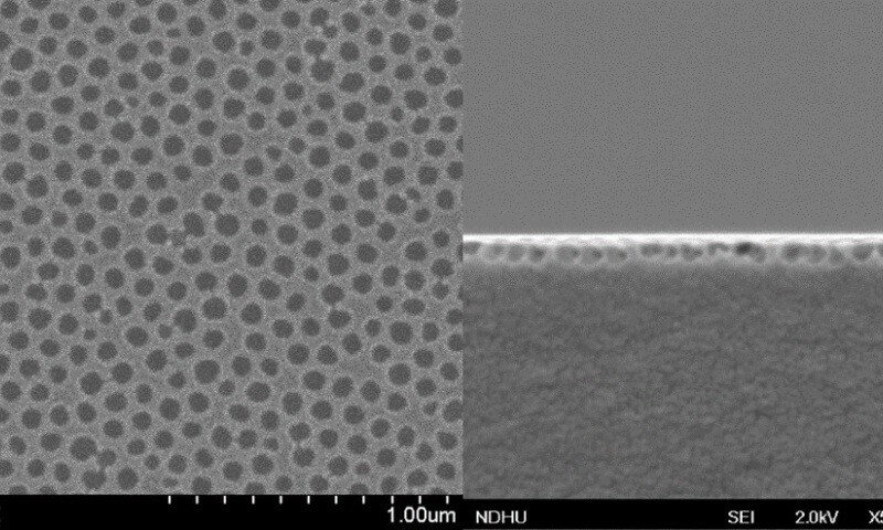 The moth eye-inspired nanostructure of the film, as shown from above (left) and the side (right)