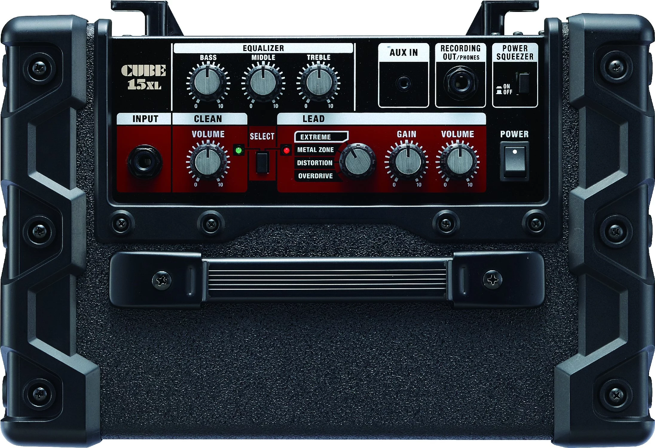 The top of the Cube 15XL, showing 3-band EQ, Clean and Lead channels and Power Squeezer