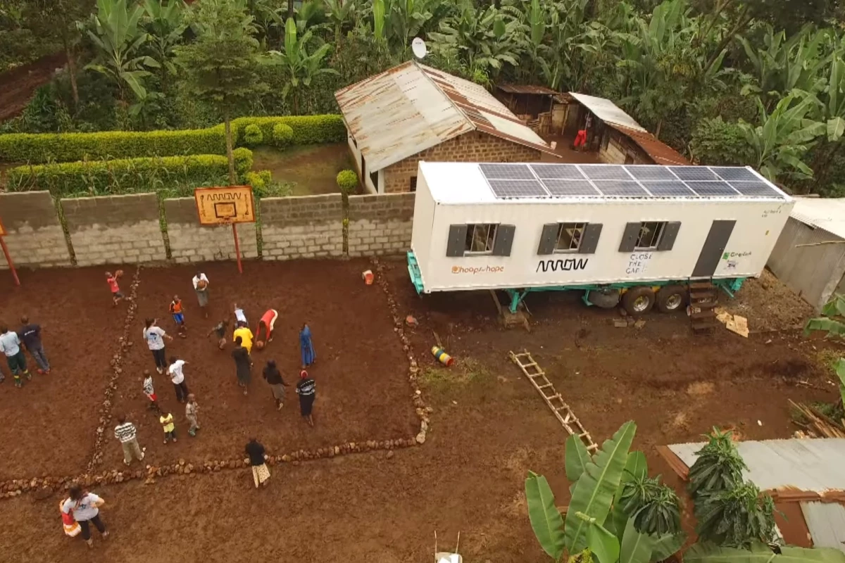 The DigiTruck is a 40-ft (12.2-m) shipping container on a trailer that serves as a solar-powered digital classroom