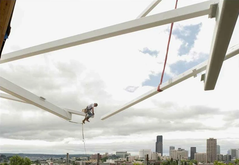 Rather him than me: An iron worker at work at the Bullitt Center, July 2012 (Photo: John Stamets)