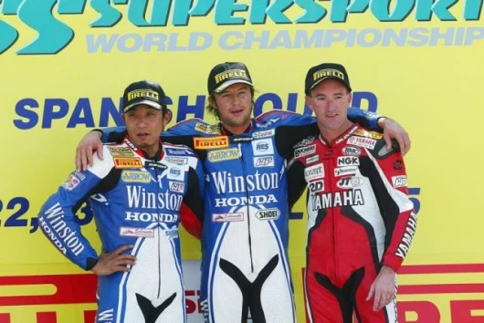 Katsuaki Fujiwara (Winston Ten Kate Honda CBR600RR) second, Sebastien Charpentier (Winston Ten Kate Honda CBR600RR) first, Kevin Curtain (Yamaha Motor Germany R6), third.