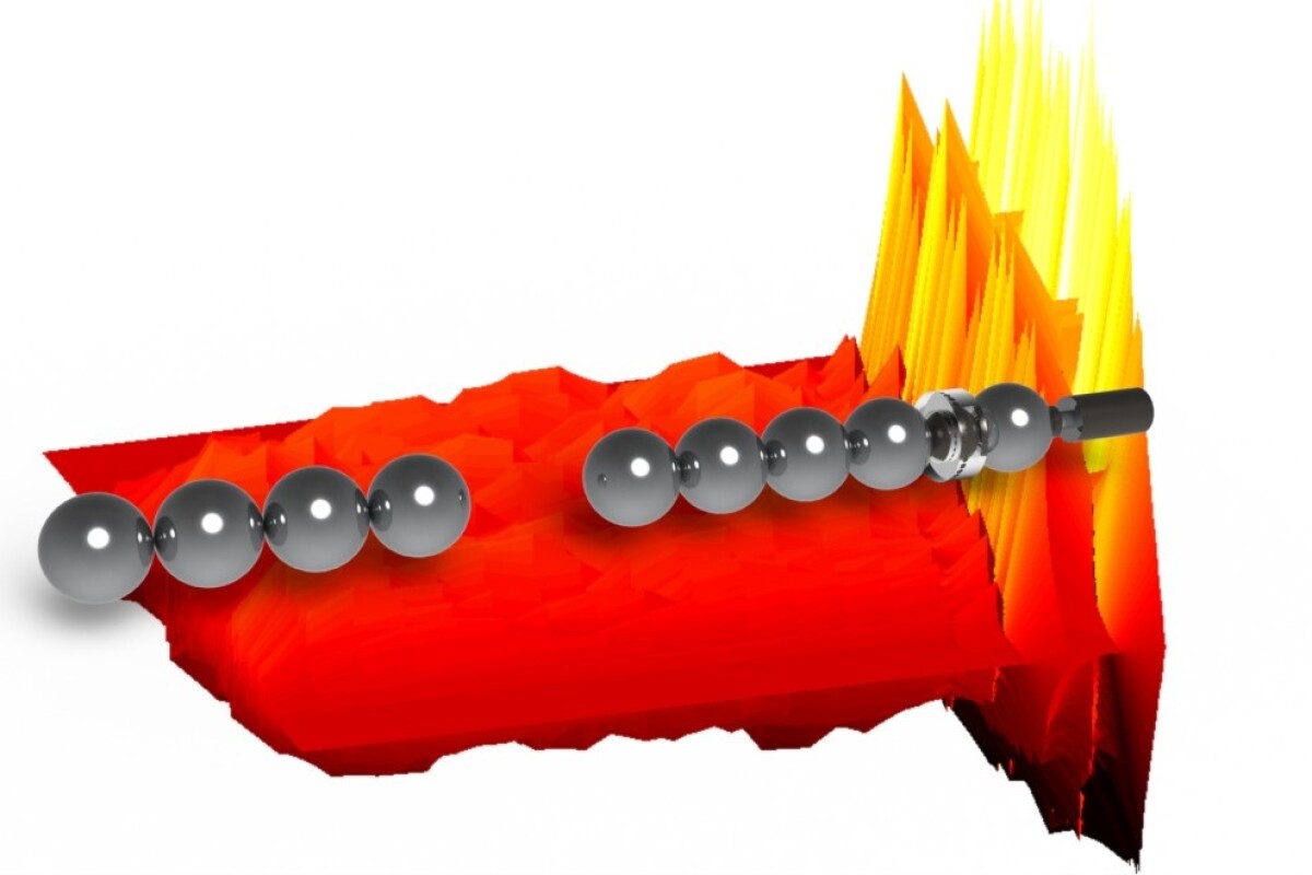 A schematic of an acoustic diode, showing how the elastic spheres are able to convert the frequency of sound waves (Image: Georgios Theocharis/Caltech)