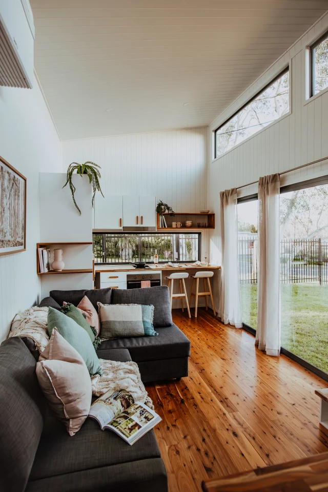 The Kookaburra's living room is spacious and light-filled thanks to the generous glazing
