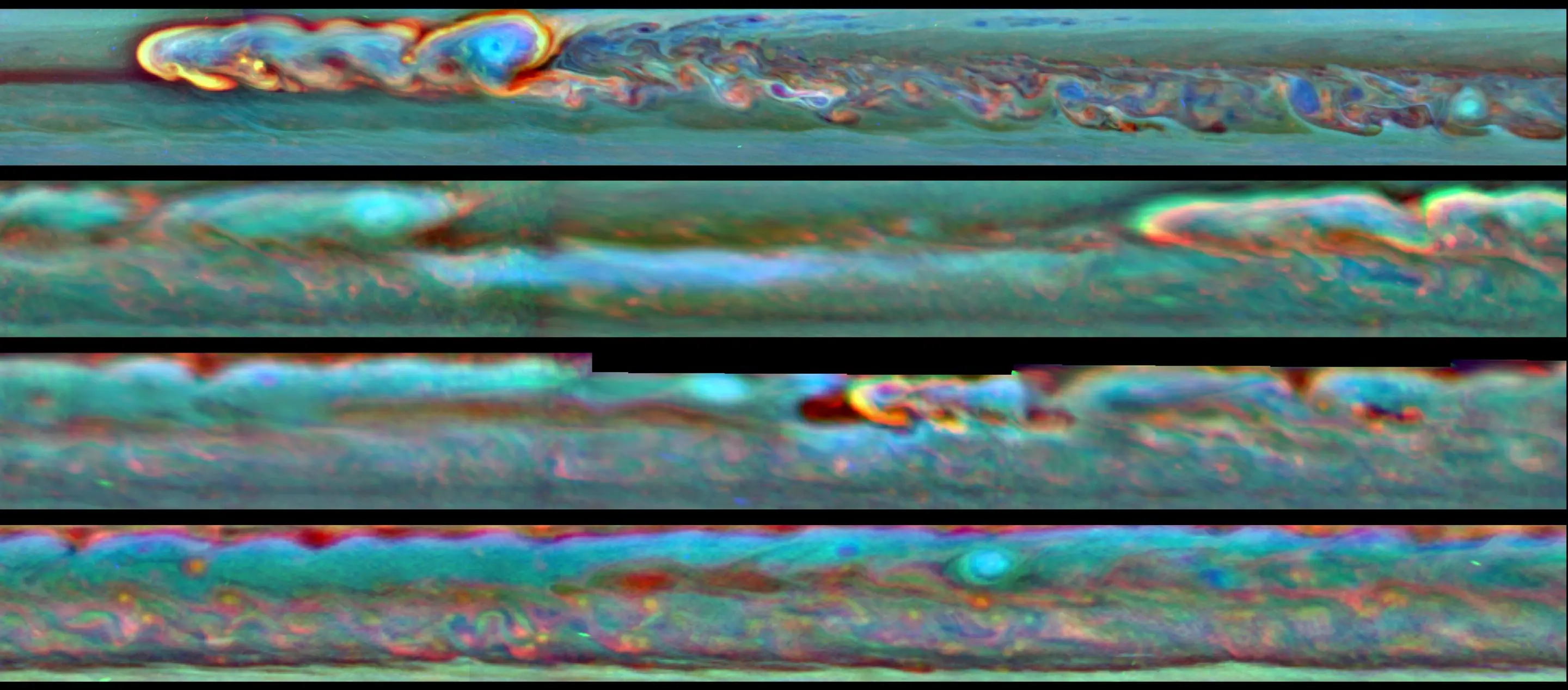The evolution of a massive thunder-and-lightning storm that circled all the way around Saturn and fizzled when it ran into its own tail (Image: NASA/JPL-Caltech/SSI/Hampton University)