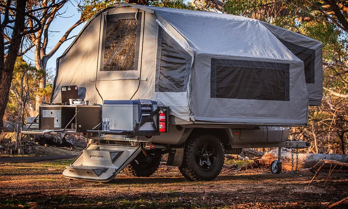 Kerfton trailer fully set up and ready to camp