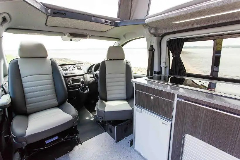 As in many motorhomes, the front captain seats swivel around