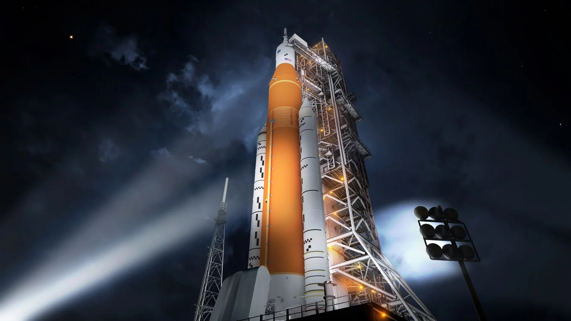 Artist's impression of a Block 1 SLS sitting on a launch pad