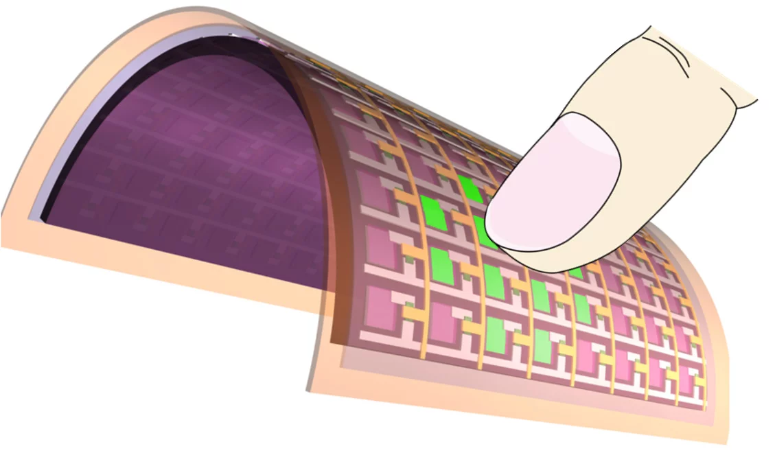 Schematic illustration of the interactive e-skin device under operation (Image: Ali Javey/Chuan Wang, Berkeley)