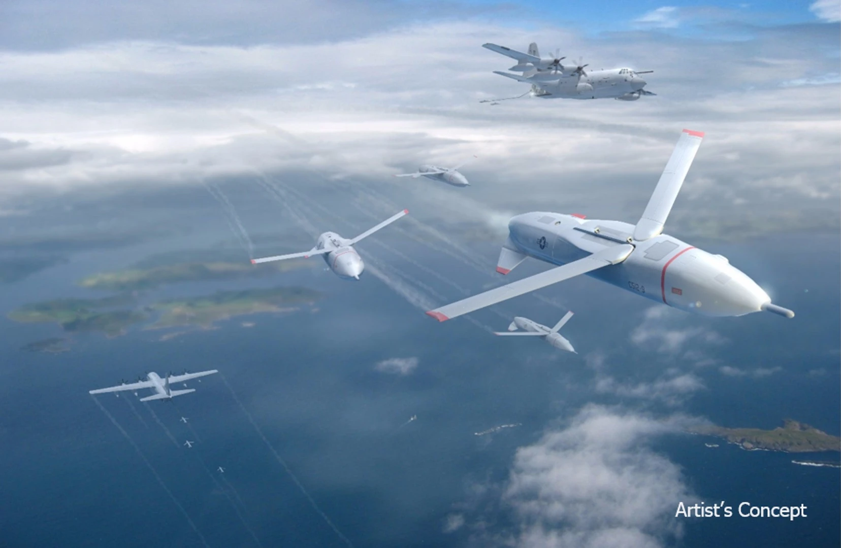 Artist's concept of the Gremlins, which would supplement multi-role aircraft them with simpler, cheaper, specialized drones that can be deployed and recovered multiple times