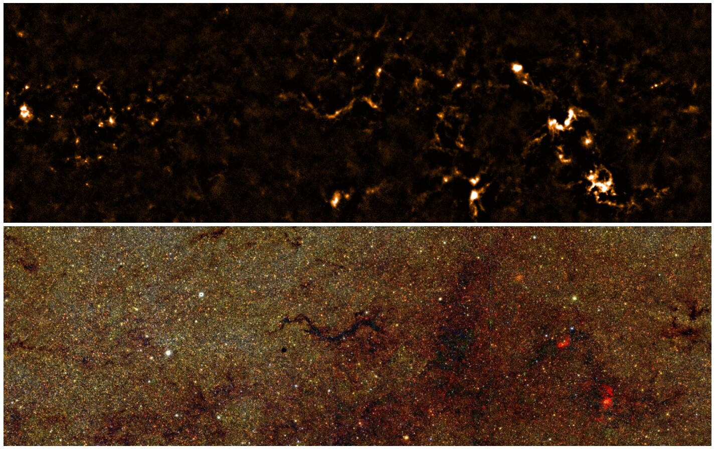 a SCUBA-2 map of part of our Milky Way galaxy at 0.85 mm (top), compared with an infrared picture of the same area (bottom) (Photo: Joint Astronomy Centre)