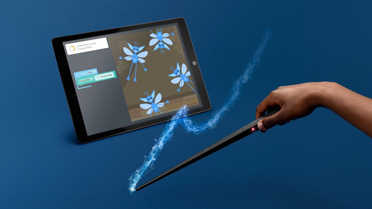 Student wizards use a block-based interface to create code with the Harry Potter Kano Kit