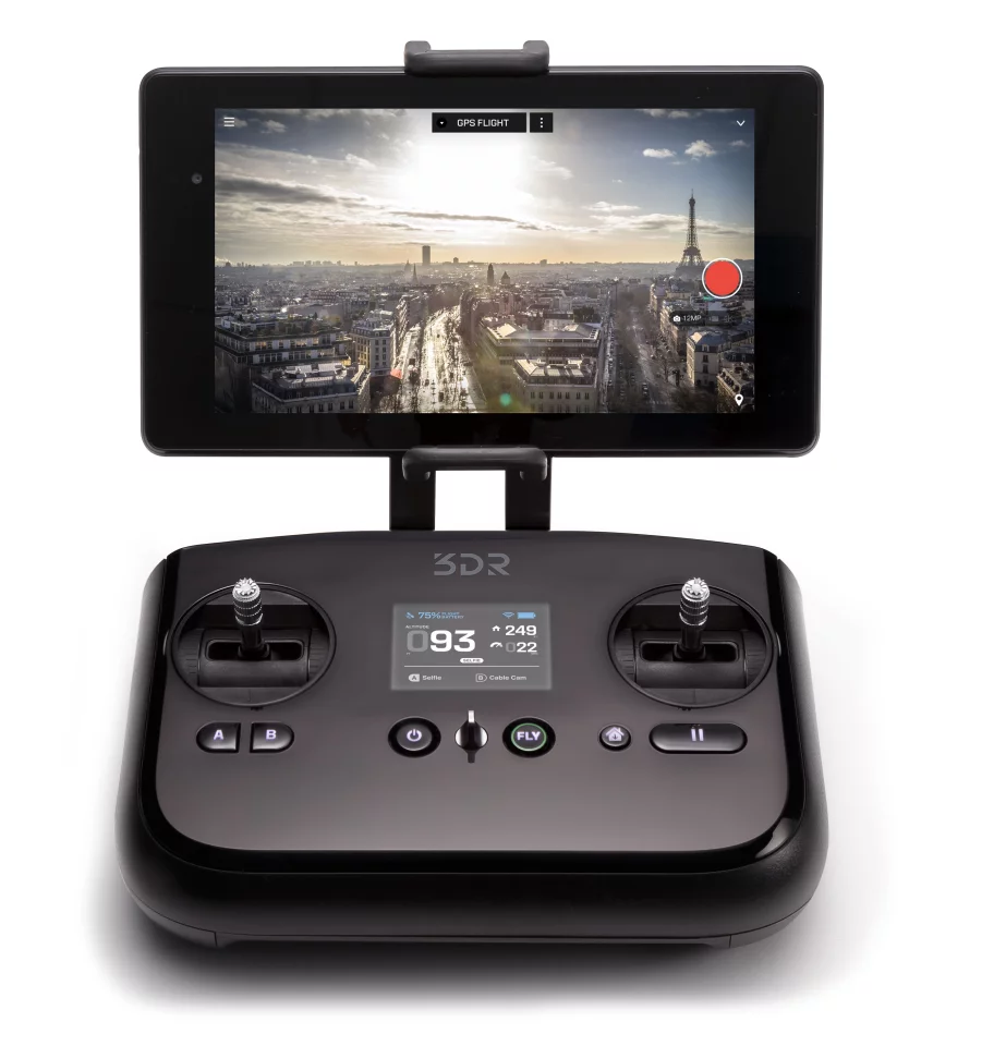 The simple design of the flight controller for the Solo includes a color display in the center for telemetry