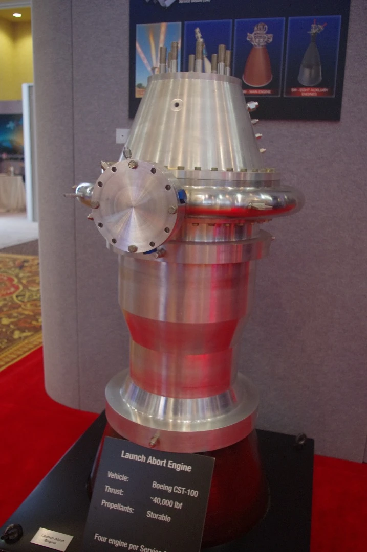 This is a model of Aerojet Rocketdyne's launch abort engine that will fly aboard Boeing's Starliner crew pod. The engines completed hot-fire tests in October of last year.