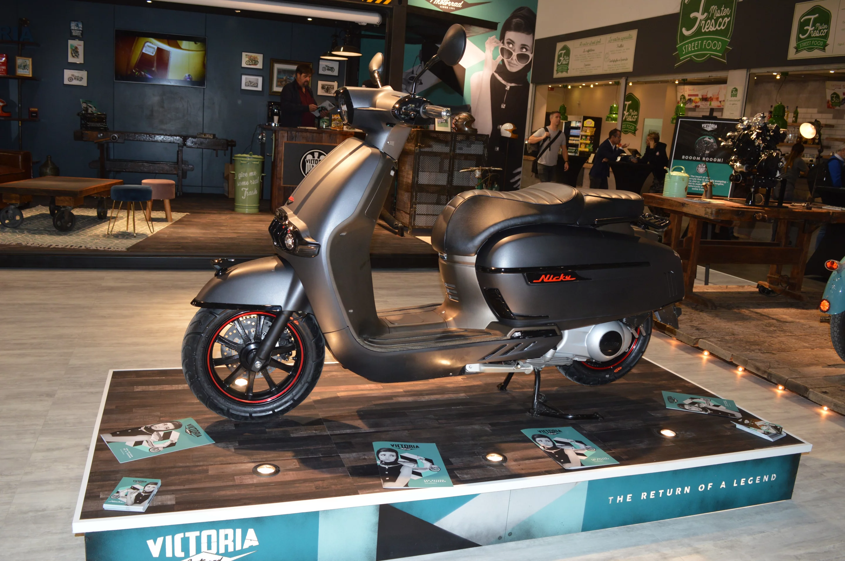 Another classic brand revival, the Victoria brand returns after it stopped producing scooters in 1966. The Nicky bears clear Vespa influences and is powered by a 300-cc Piaggio unit