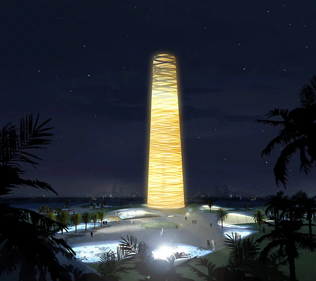 Atelier Thomas Pucher's stunning "Garden and the Tower" concept makes a dramatic statement, but also takes a smart approach to managing heat in warmer climes