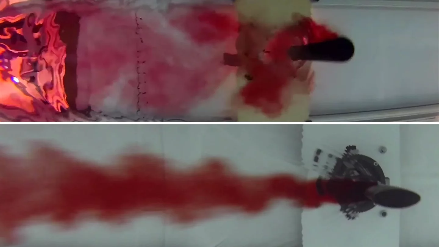 The vortices created by the artificial whisker (bottom) were much smaller than those created by a standard rod (top), as seen here in the red dye