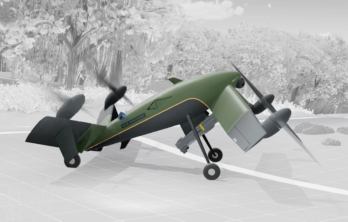 Elongated front landing gear provide the aircraft with plenty of upward tilt at rest