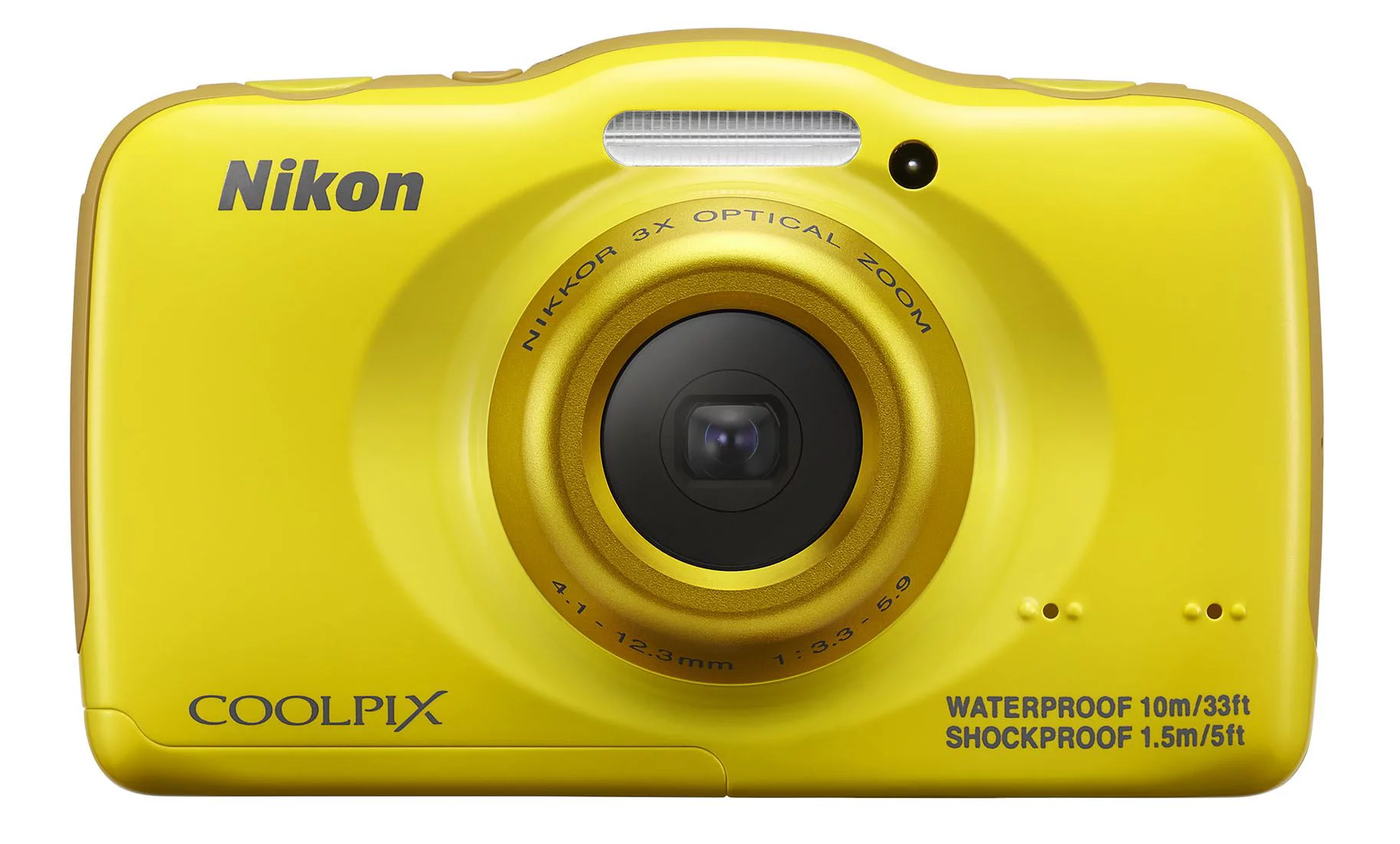 Aimed at young families the Nikon Coolpix S32 is dustproof, shockproof to 1.5m (5 ft) and waterproof to 10m (33 ft)