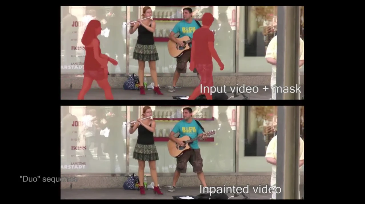 People in the foreground (marked in red) are removed from video footage of two musicians