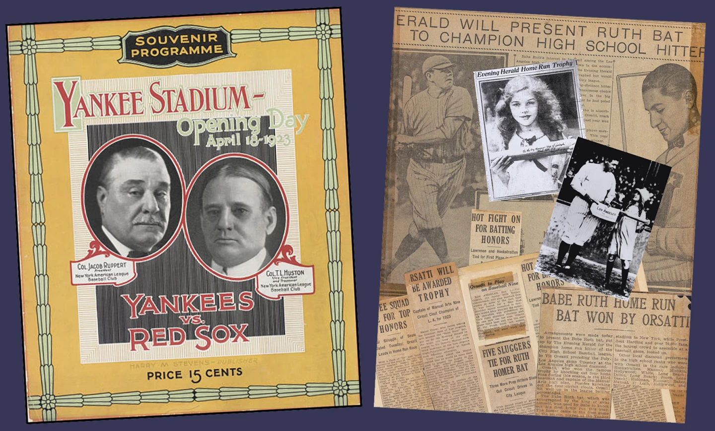 The opening day programme at the old Yankee Stadium and press clippings of the Los Angeles Evening Herald Batting Competition