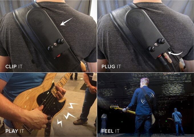 The BackBeat wearable subwoofer clips to a bass guitar strap, plugged into the instrument and headphones/an amplifier, and turns the sound of the bass guitar into vibrations