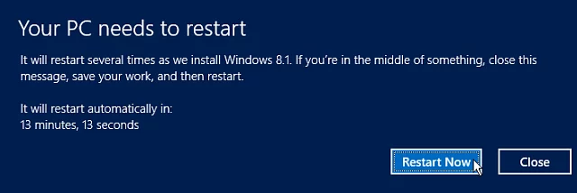 A restart is required to complete the installation of the Windows 8.1 update