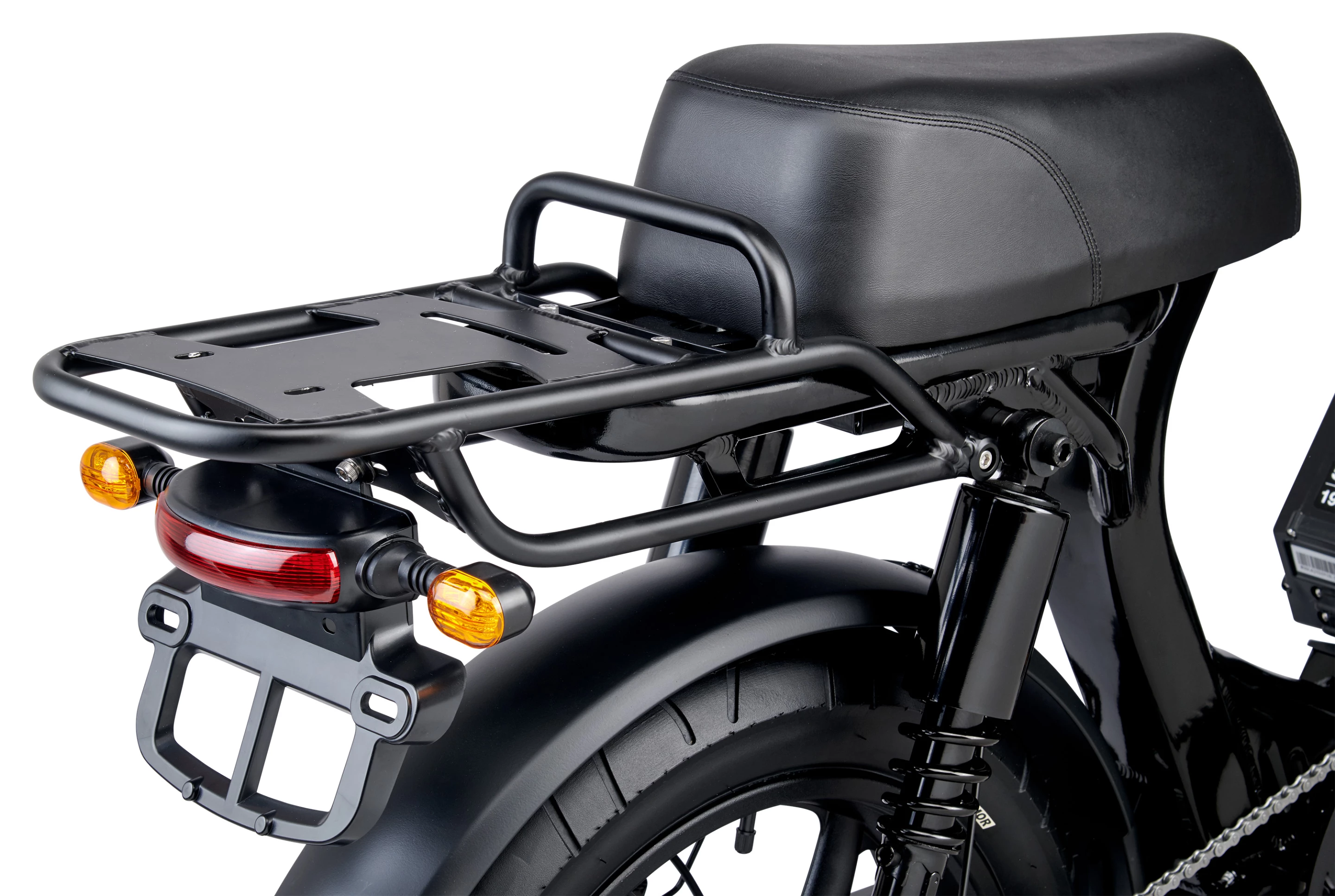 Chunky rear rack, plus motorcycle-style brake lights, indicators and a license plate holder