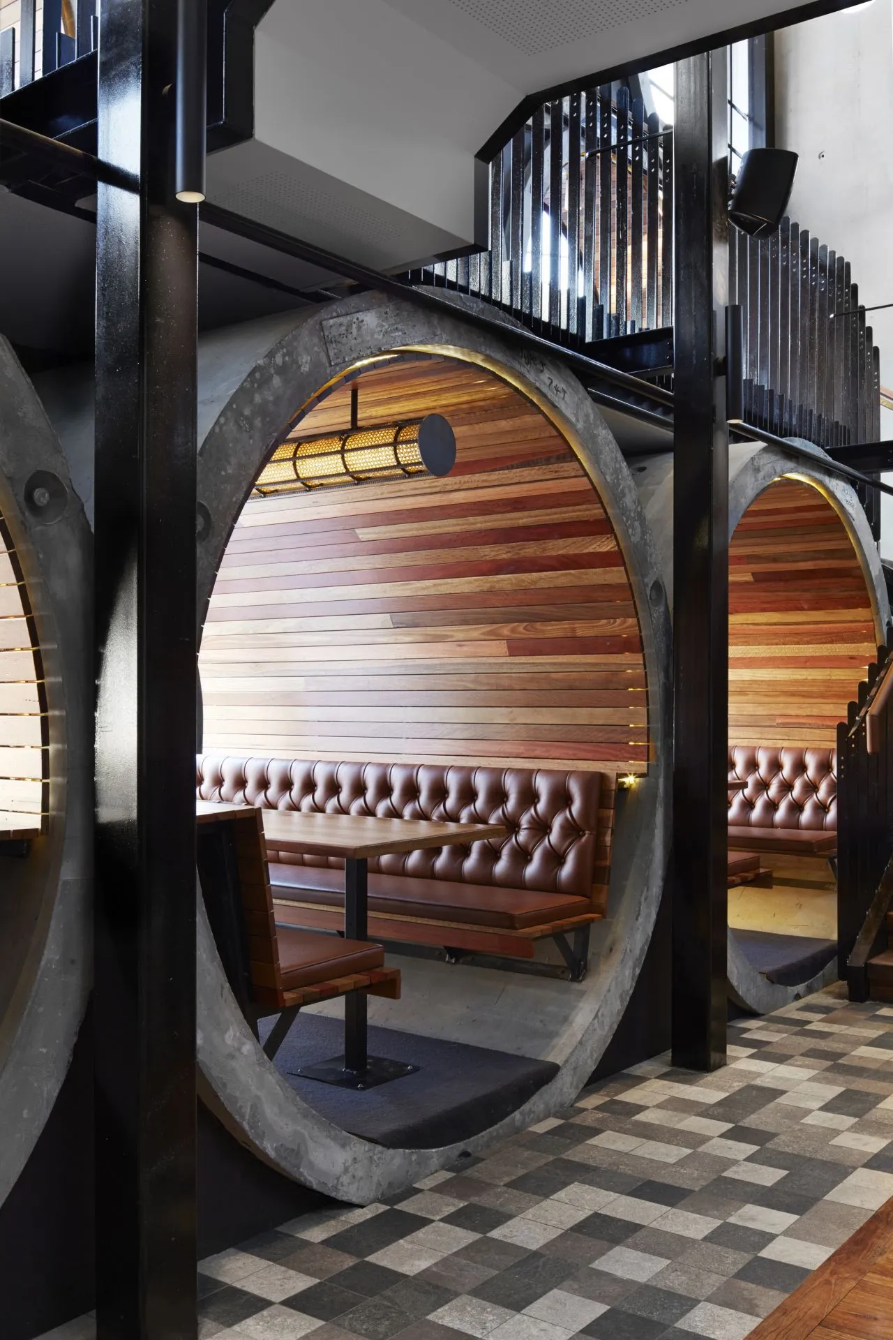The pipe booths have been lined with recycled spotted gum