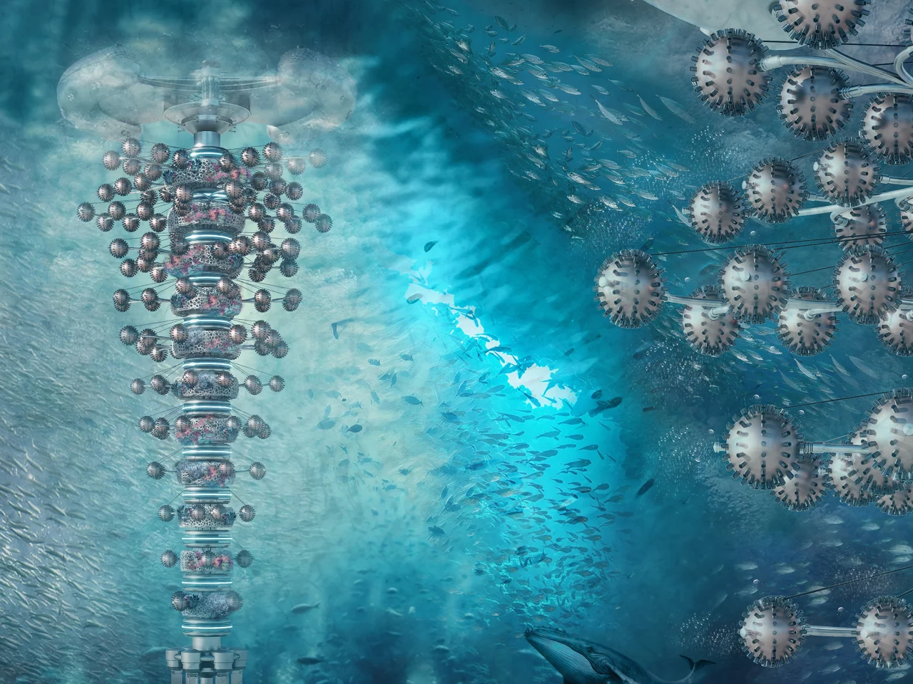 Ocean Lungs Skyscraper won third place with its idea for a huge skyscraper plunging deep beneath the ocean's surface. It would contain carbon capture technology and other filters to help clean up our oceans. The project was designed by Mohammed Noeman Coutry, AbdelRahman Mahmoud Badawy, Toka Hassan Taman, Amr Khaled Mahmoud AbdElsstar, Hend Mahmoud Hassan Rashad, Menna Tallah Mahmoud Fouad, Mohamed Mahfouz Abdelaziz Abdelwadoud, Nagwa Khaled Mohamed Mohamed, Norhan Mohammed Abdel-Hamid Abdel-monem and Omar Ahmed Salah Mohamed