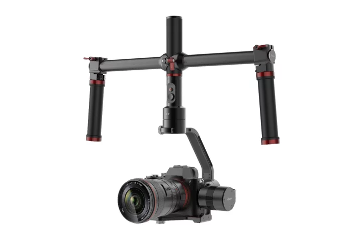 Moza Air gimbal stabilizer, in inverted mode with the twin handle attachment
