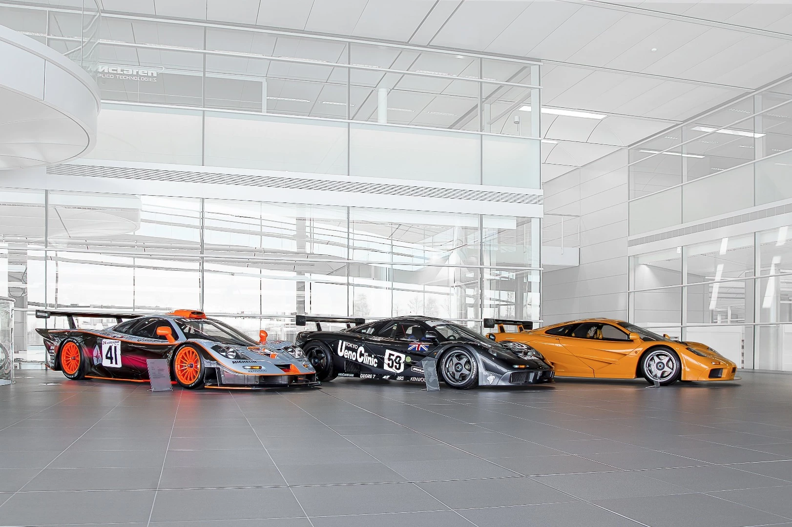 The legendary McLaren F1, in full racing trim, on the floor of the McLaren Technology Center