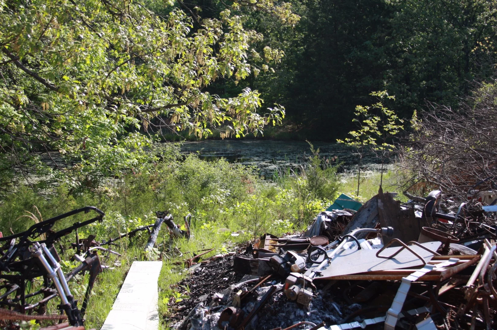 The view from behind one shed shows a serene lake with an accumulation of bits in the fore front. One has to wonder, was there more in the pond?