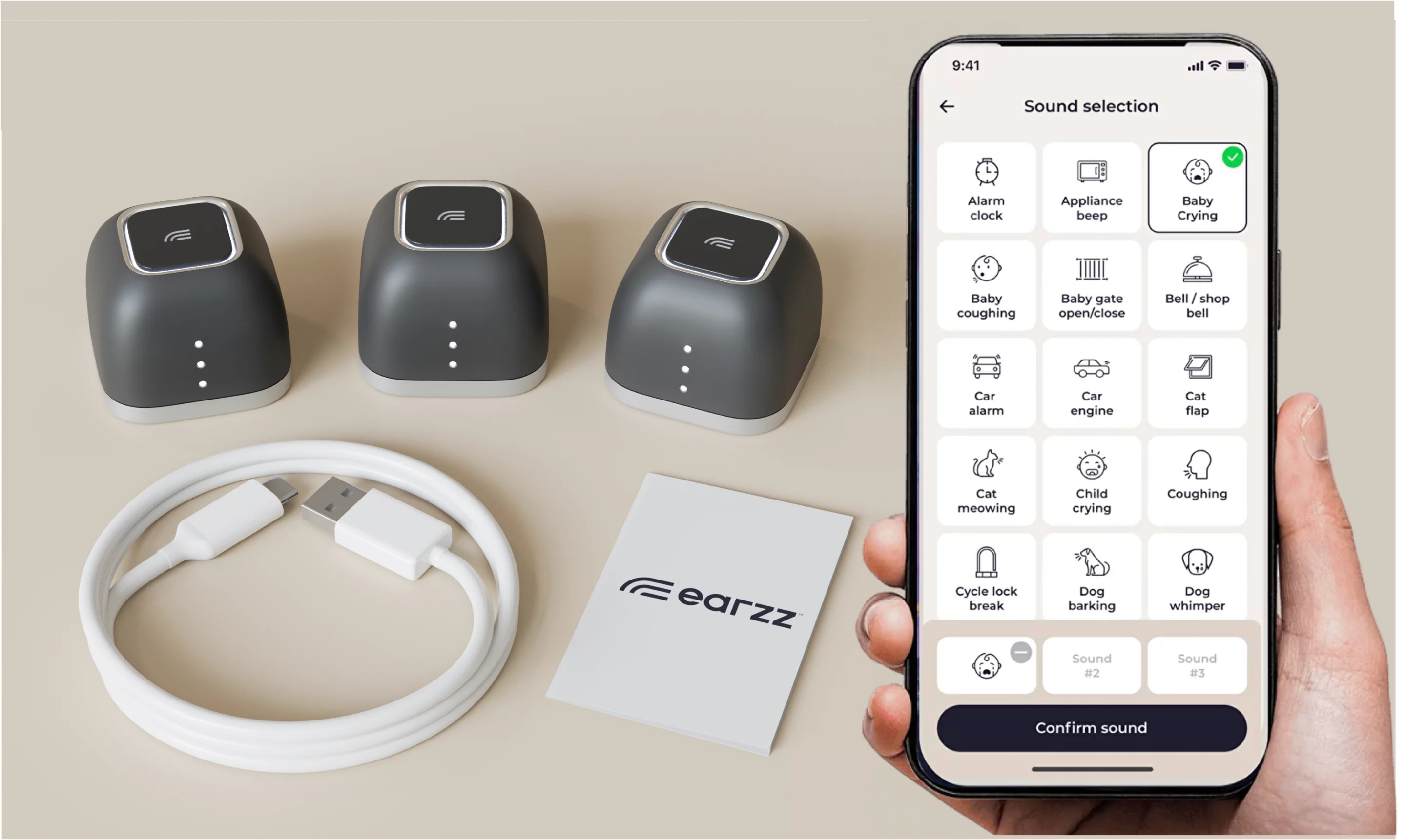 Multiple Earzz devices can be monitored at once, each one listening for up to three different sounds