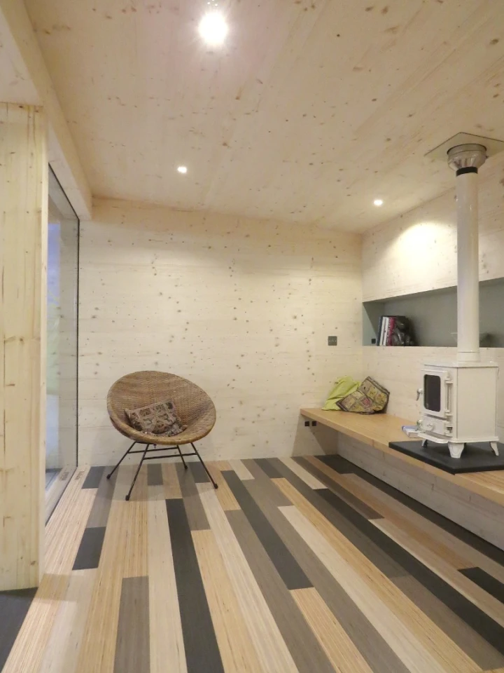 The interior walls of the Wave Eco Cabin comprise Nordpan Spruce 3-ply CLT panels