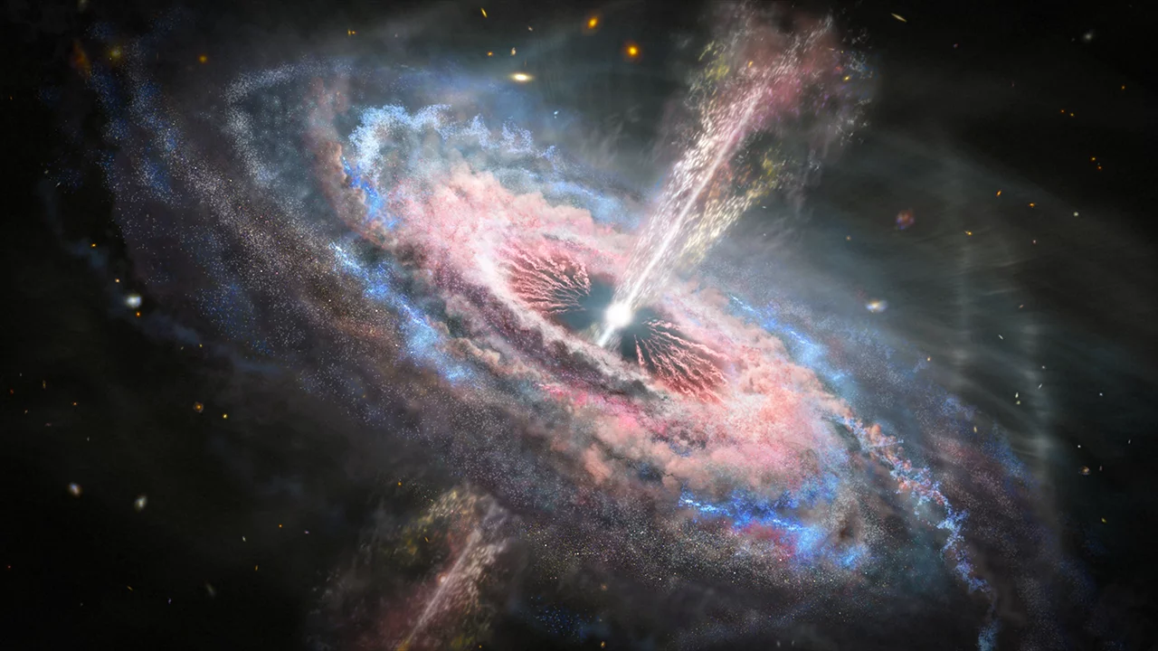 An artist's illustration of an active galactic nucleus (AGN), complete with large radio jets. Galaxy Arp 187 has the remains of these jets but the center has fallen silent