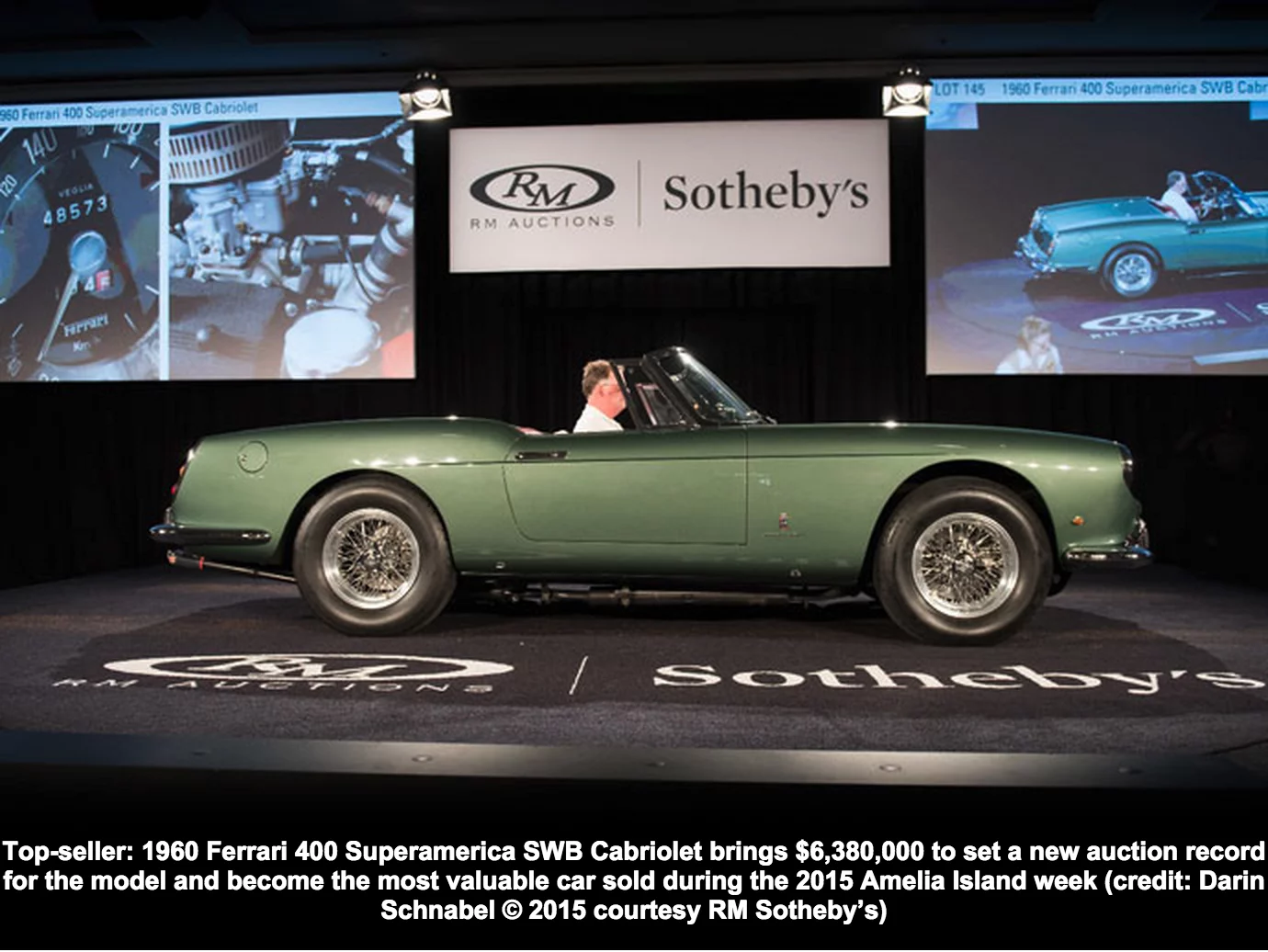 Top sale honors for the Amelia Island Concours d’Elegance week went to the 1960 Ferrari 400 Superamerica SWB Cabriolet which fetched $6,380,000 to comfortably set a new world record for the model at auction. Proceeds from car’s sale will benefit the consignor’s charity for the education of children.