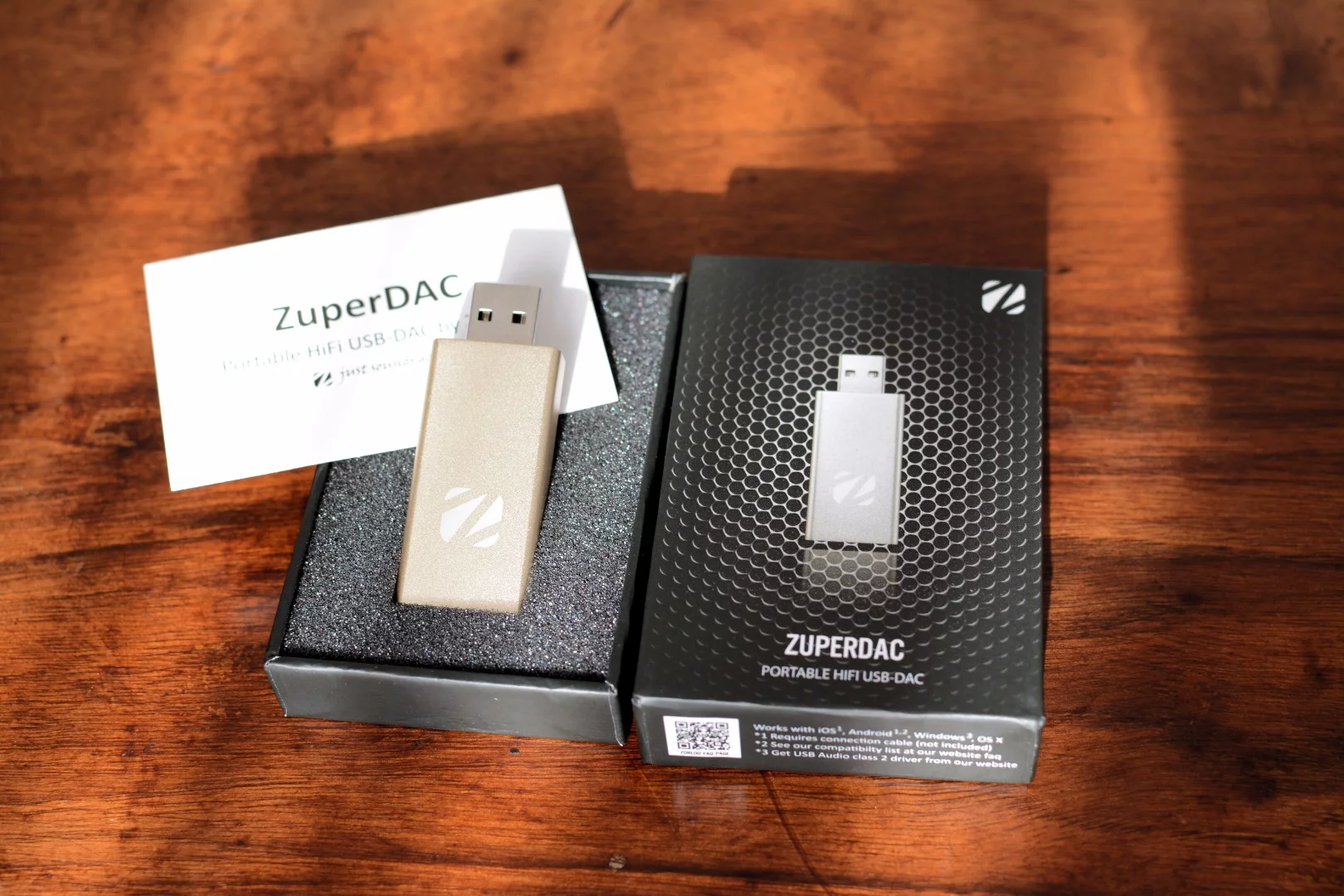 The 46 x 23 x 10 mm (1.8 x 0.9 x 0.39 in), 16 g (0.56 oz) ZuperDAC digital-to-analog converter and headphone amp