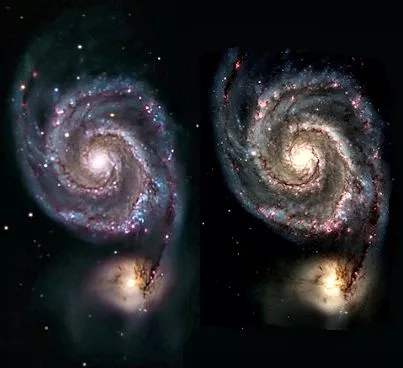 Two astrophotos of M51, the Whirlpool Galaxy. The left astrophoto was taken by a 32 cm (12.5") reflector using the ONAG, while the right astrophoto was taken by the Hubble Space Telescope (Photo: Frank Colosimo via Innovations Foresight and NASA)