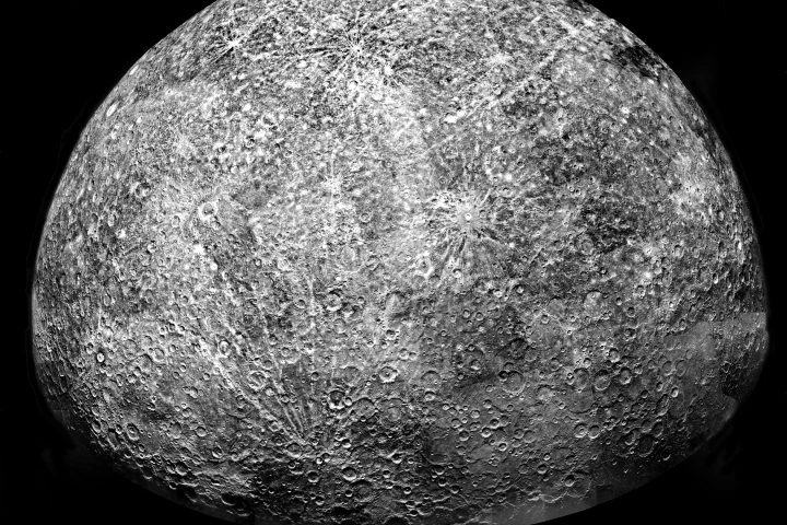A mosaic of Mercury stitched together from images captured by the Mariner 10 spacecraft in the 1970s