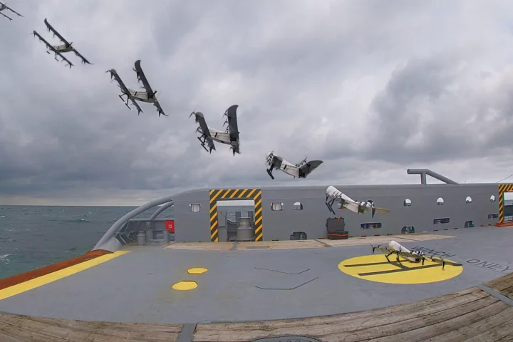 A composite photo of the drone taking off from a coastguard ship
